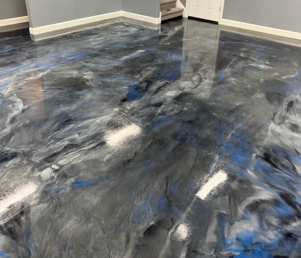 Residential basement with metallic epoxy floor